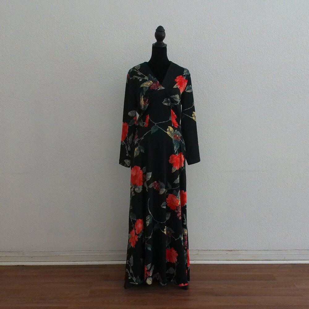 Women's Black with Red Floral Long Sleeve, V-neck Maxi Dress, zipper back